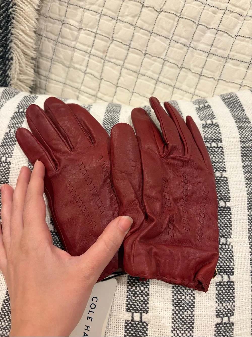 Cole Haan Leather Whipstitch Gloves Cashmere Wool Lined NWT Large